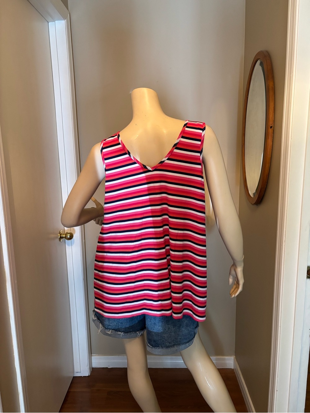 Michel Studio Pink Black White Striped V-Neck Tank